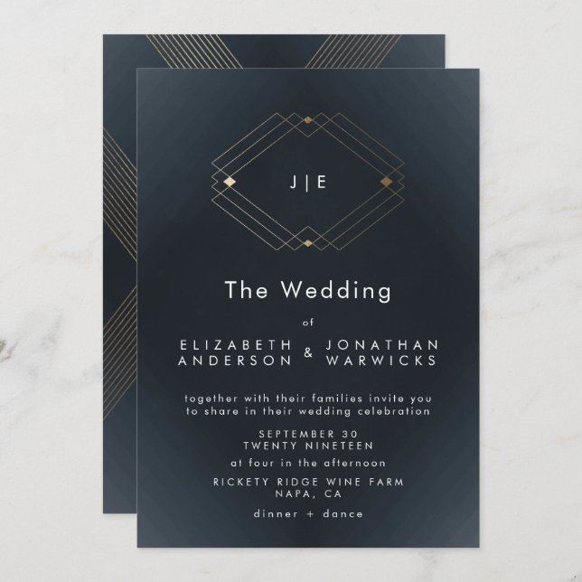 Simple Navy Modern Geometric Gold Wedding Invitation (Front/Back)