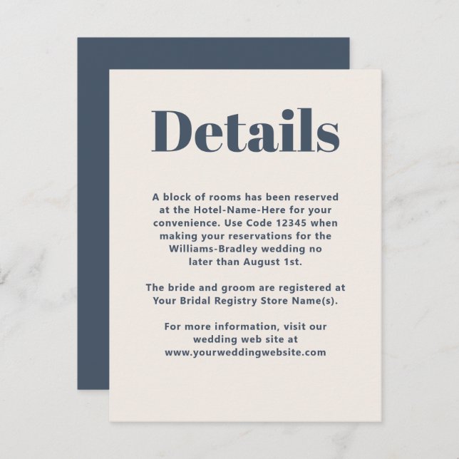 Simple Navy Modern Minimalist Wedding Details Enclosure Card (Front/Back)