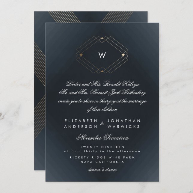 Simple Navy Modern Monogram Script Gold Invitation (Front/Back)