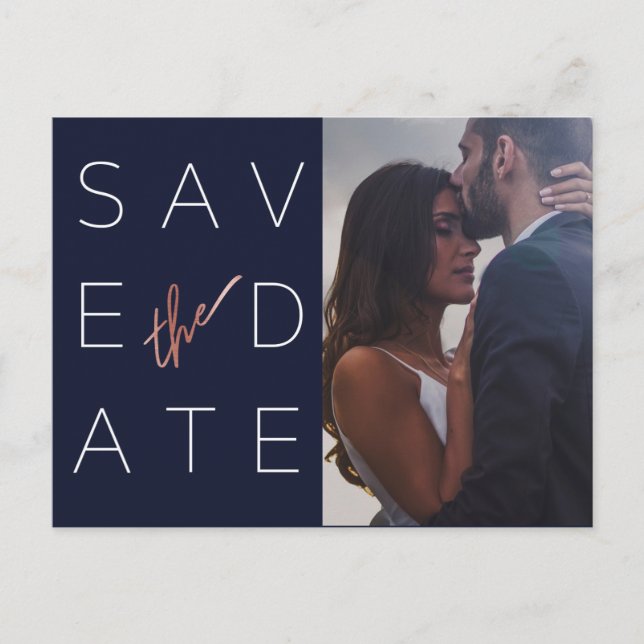 Simple Navy Rose Gold Photo Wedding Save the Date Announcement Postcard (Front)