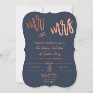 Simple Navy Rose Gold Script Mr and Mrs Wedding Invitation