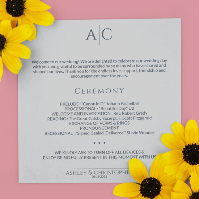 Simple Navy & Steel Grey Monogram Wedding Ceremony Program (Creator Uploaded)