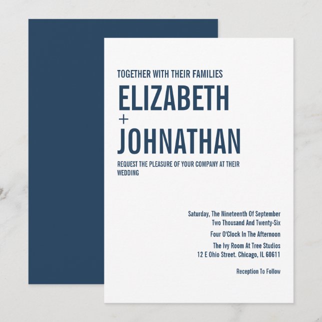 Simple Navy Typography Wedding Invitation (Front/Back)