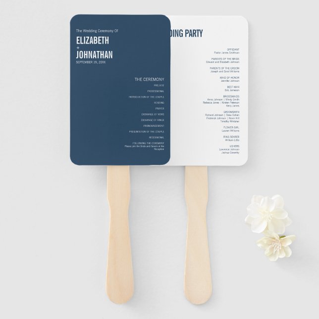 Simple Navy Typography Wedding Program Hand Fan (Front and Back)