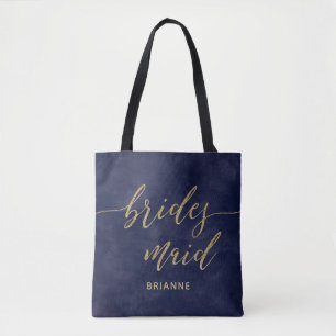 Simple Navy Watercolor & Gold Bridesmaid Monogram Tote Bag