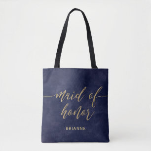 Simple Navy Watercolor & Gold Foil Maid of Honour Tote Bag