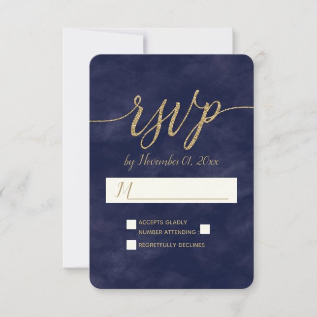 Simple Navy Watercolor & Gold Foil Wedding RSVP Card (Front)