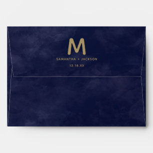 Simple Navy Watercolor & Gold Wedding Monogram Envelope