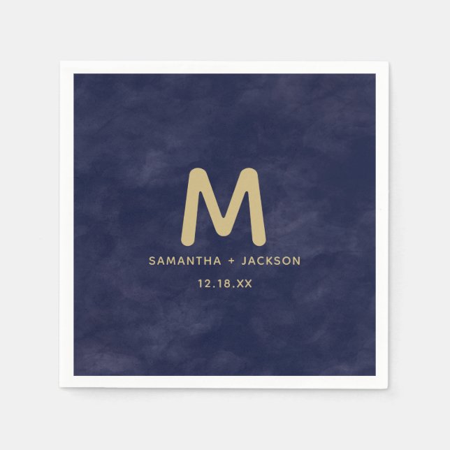 Simple Navy Watercolor & Gold Wedding Monogram Napkin (Front)