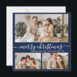Simple Navy White 3 Photo Collage Christmas Holiday Card<br><div class="desc">Elegant, Simple, Handwritten Calligraphy Navy and White 3 Photo Collage Merry Christmas Script Holiday Card. This festive, minimalist three (3) photo holiday card template features a nice photo collage and says „Merry Christmas”! The „Merry Christmas” greeting text is written in a pretty hand lettered swirly swash-tail font in white on...</div>