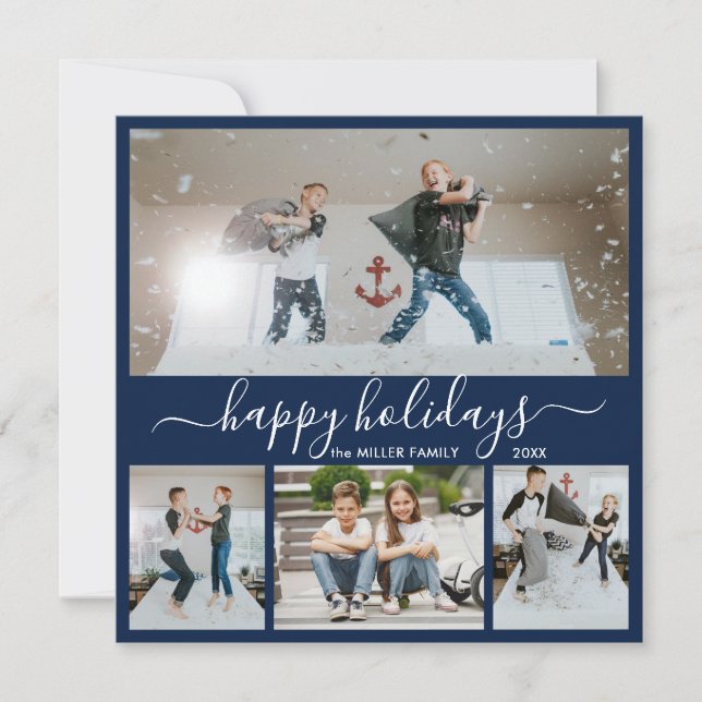 Simple Navy White 4 Photo Collage Happy Holiday Card (Front)
