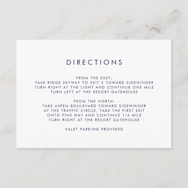 Simple Navy & White Directions Enclosure Card (Front)