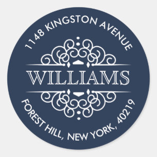 Simple Navy & White Ornate Custom Return Address Classic Round Sticker