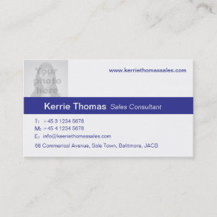 Simple navy & white photo blue back business card