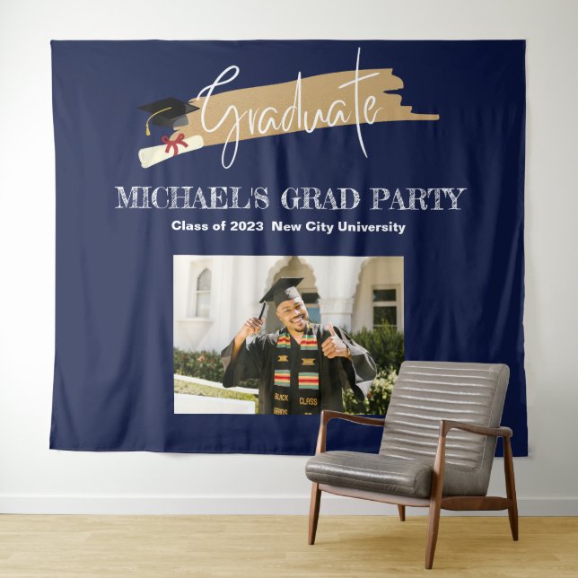 Simple NavyBlue Graduation Photo Booth Backdrop Tapestry (In Situ (Horizontal))