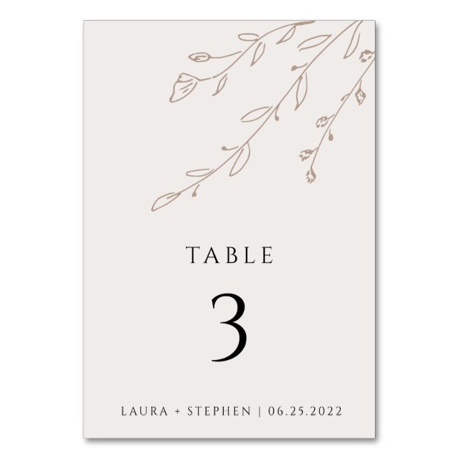 Simple Neutral Beige Floral Editable Table Number (Front)