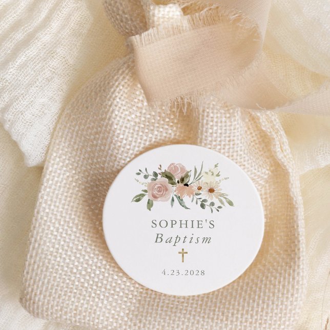 Simple Neutral Watercolor Flowers | Baptism Classic Round Sticker (Creator Uploaded)