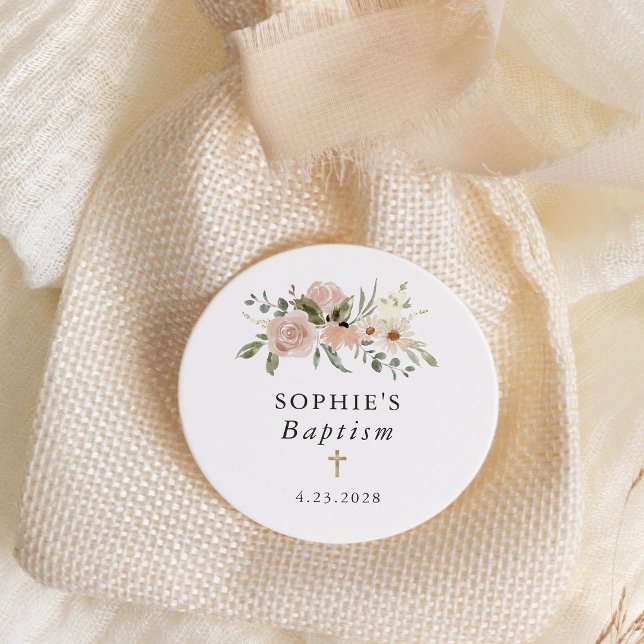 Simple Neutral Watercolor Flowers | Baptism Classic Round Sticker (Creator Uploaded)