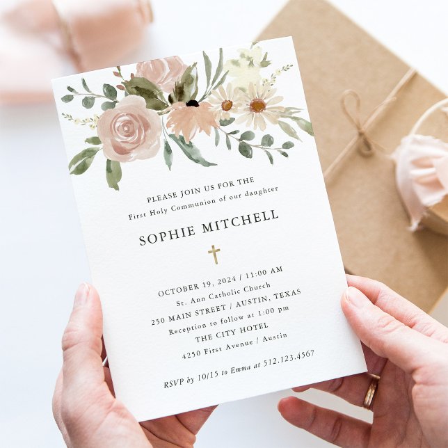 Simple Neutral Watercolor Flowers First Communion Invitation (Creator Uploaded)