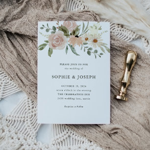 Simple Neutral Watercolor Flowers   White Wedding Invitation