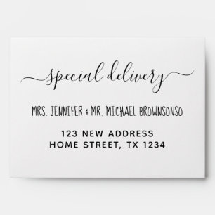 Simple new home special delivery newly weds script envelope