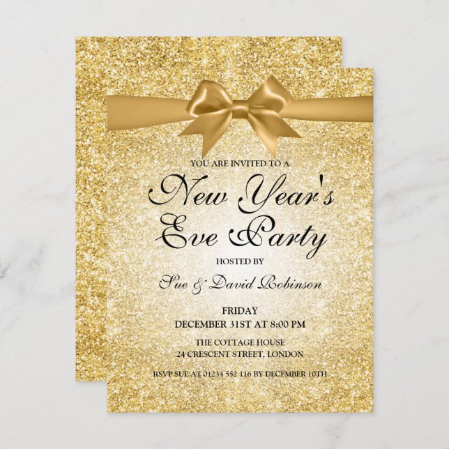 Simple New Year's Eve Party Gold Glitter Invitation (Front/Back)