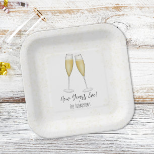 Simple New Years Party Champagne Watercolor Gold Paper Plate