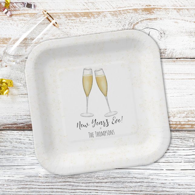 Simple New Years Party Champagne Watercolor Gold Paper Plate (Creator Uploaded)