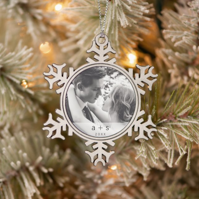 Simple Newlywed Photo Elegant Christmas Snowflake Pewter Christmas Ornament (Tree)