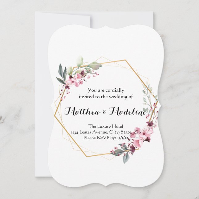 Simple No Fuss Blush Floral Wedding Invitations (Front)