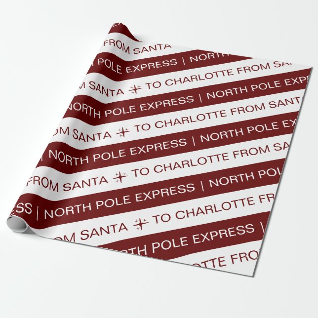 Simple North Pole Express Red White Name Christmas Wrapping Paper (Unrolled)