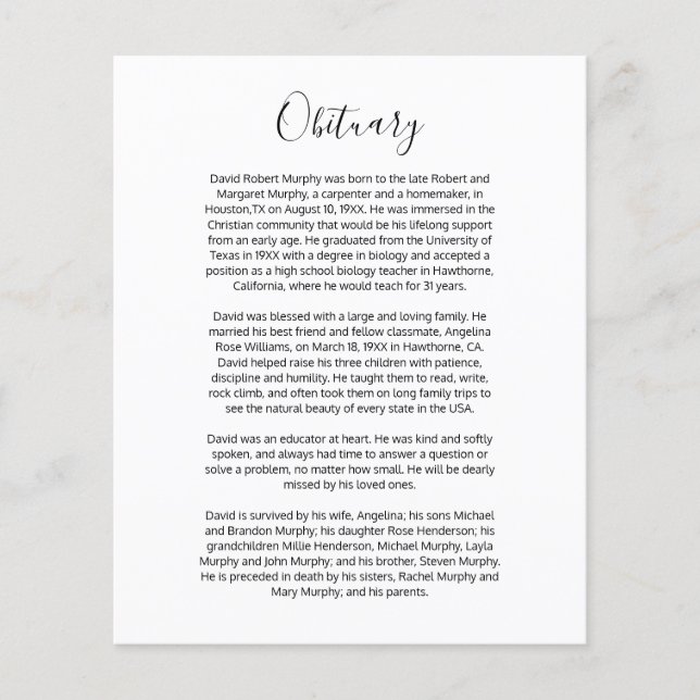 Simple Obituary Insert Card (Front)