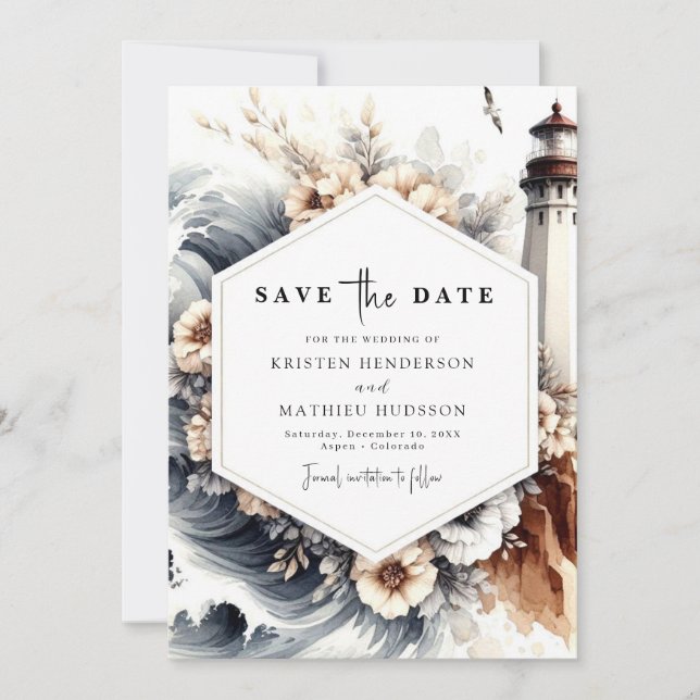 Simple Ocean Chic Lighthouse Wedding Save The Date (Front)