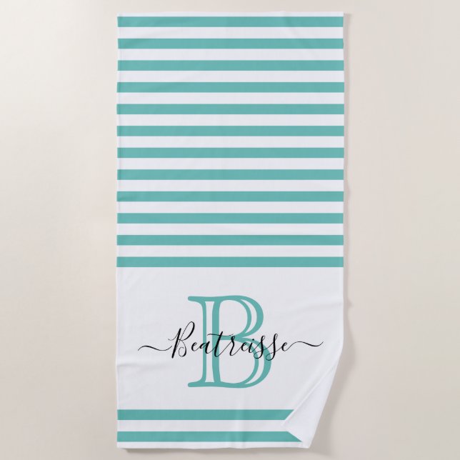 Simple Ocean Teal Line Nautical Monogram Initial Beach Towel (Front)