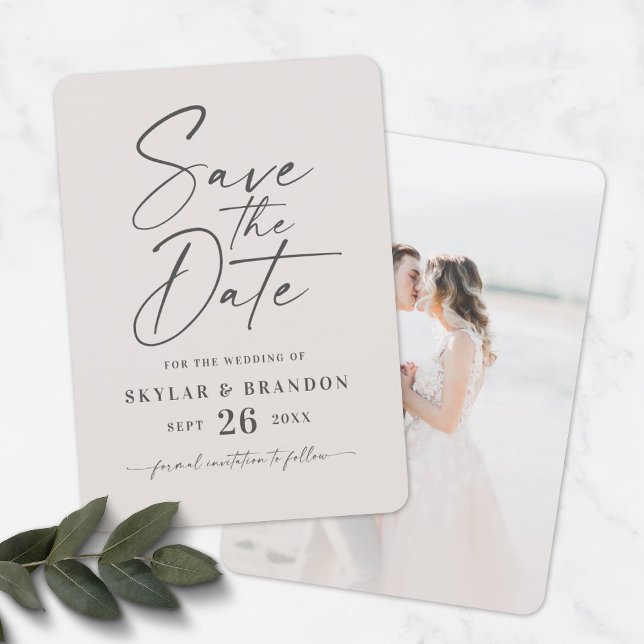 Simple Off-White with Script and Photo Wedding Save The Date (Creator Uploaded)