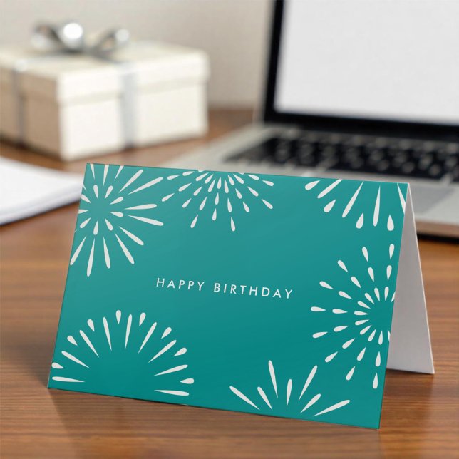 Simple Office Teal Blue White Fireworks Birthday Card (Creator Uploaded)