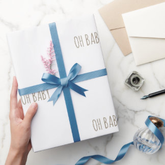 Simple Oh Baby White Baby Shower  Wrapping Paper