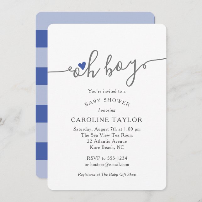 Simple Oh Boy Navy Blue Baby Shower Invitation (Front/Back)