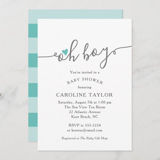 Simple Oh Boy Teal Baby Shower Invitation (Front/Back)