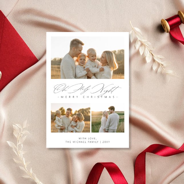 Simple Oh Holy Night Christian 3 Photo Family Holiday Card (Creator Uploaded)