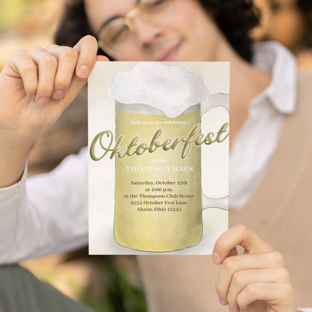 Simple Oktoberfest Watercolor Gold Beer Foam Invitation (Oktoberfest fun watercolor hand drawn beer glass invitation template.)