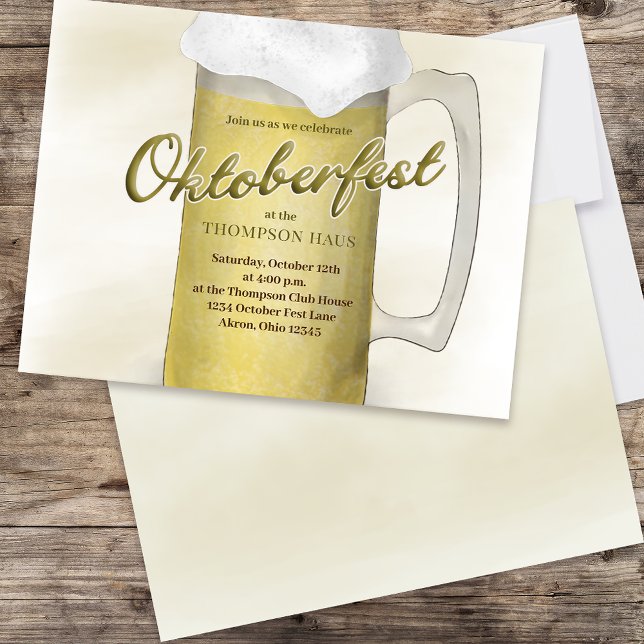 Simple Oktoberfest Watercolor Gold Beer Foam Invitation (Double-sided invitation with Beer glass and foam. Oktoberfest typography)