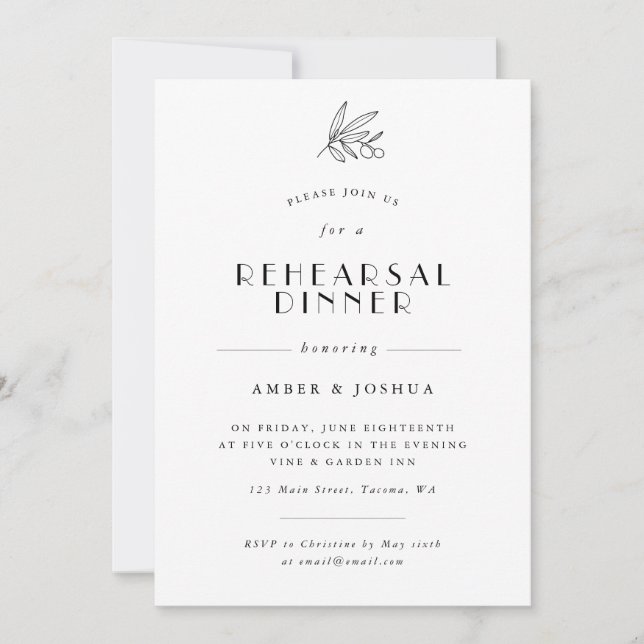 Simple Olive Branch Rehearsal Dinner Invitation (Front)