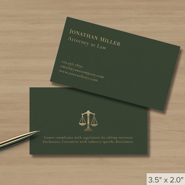 Simple Olive Green Gold Scales of Justice Business Card (Creator Uploaded)