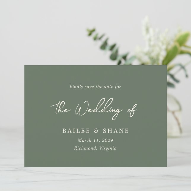 Simple Olive Green Modern Wedding Save The Date (Standing Front)