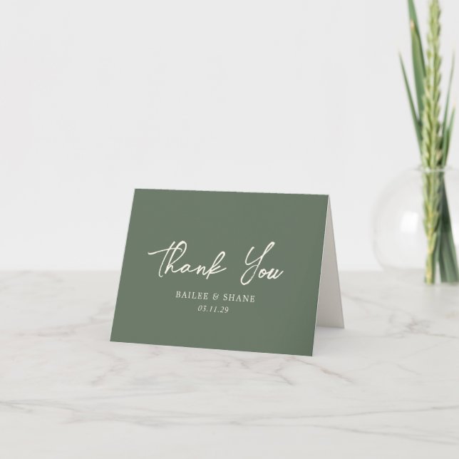 Simple Olive Green Modern Wedding Thank You Card (Front)
