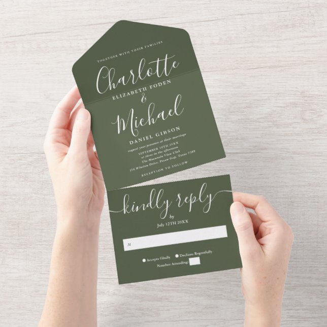 Simple Olive Green signature Script wedding All In One Invitation (Tearaway)