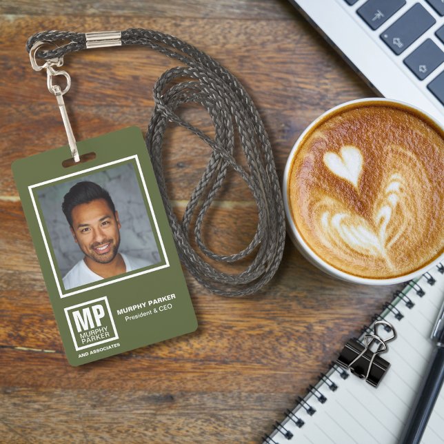 Simple Olive Green Square Monogram Logo Photo Badg ID Badge (Creator Uploaded)