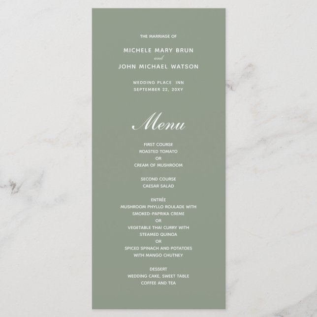 Simple Olive Green Wedding Menu Cards (Front)