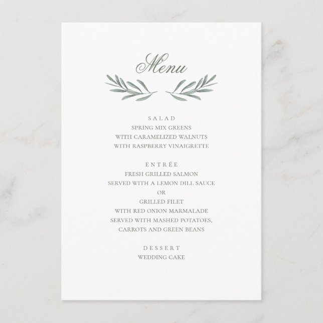 Simple olive leaves. Italian wedding. Botanical Menu (Front)
